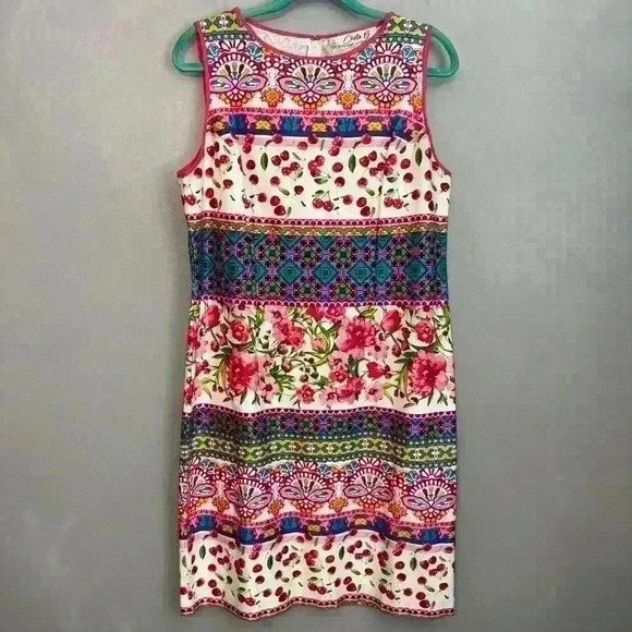 EUC Chetta B Mixed Print Floral Cherry Geo Sheath Shift Dress Size 14 - Picture 1 of 6